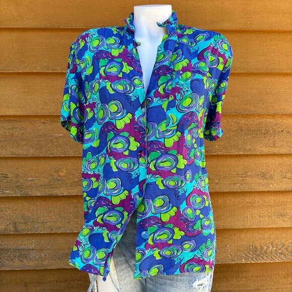 Vintage Blue Island Hawaiian Style Button Down Women’s Shirt Size M - Picture 1 of 13